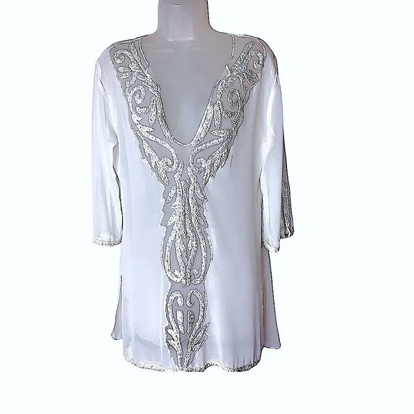 Anthropologie Iridescent Beaded Split Neck Plunge Mesh Sparkly Flowy Top White S
